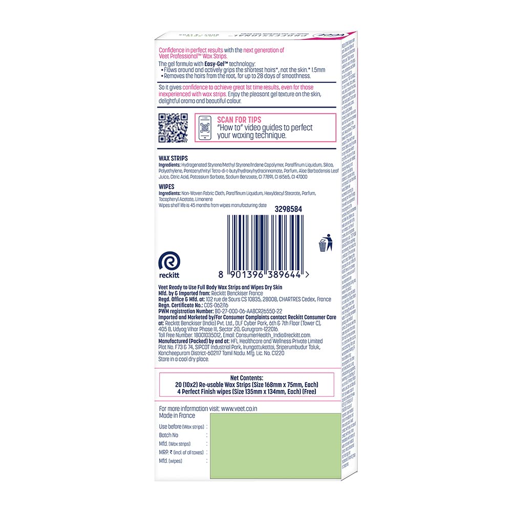 Veet Full Body Waxing Strips Kit for Dry Skin, 20 Strips