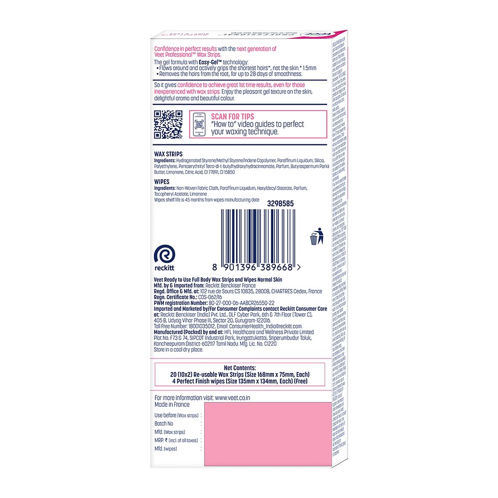 Veet Full Body Waxing Strips Kit for Normal Skin, 20 Strips