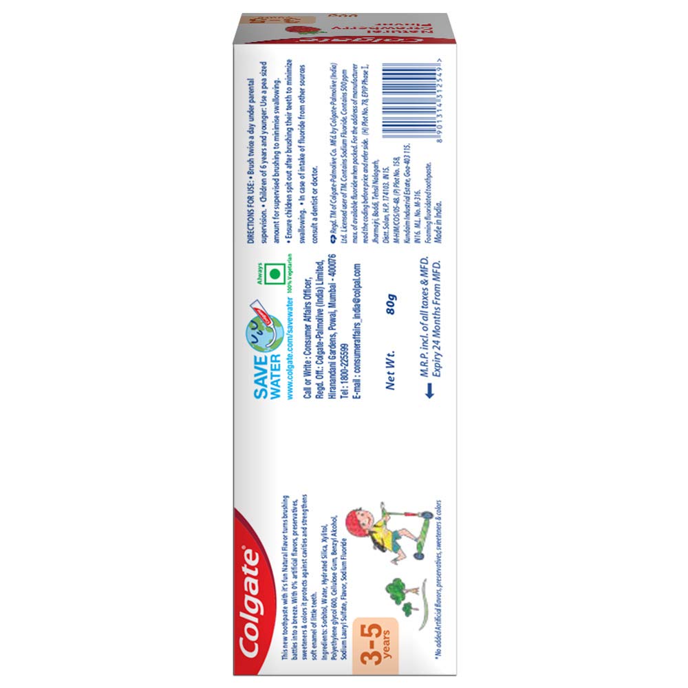 Colgate Toothpaste For Kids (3-5 Years), Natural Strawberry Flavor 80 Gram