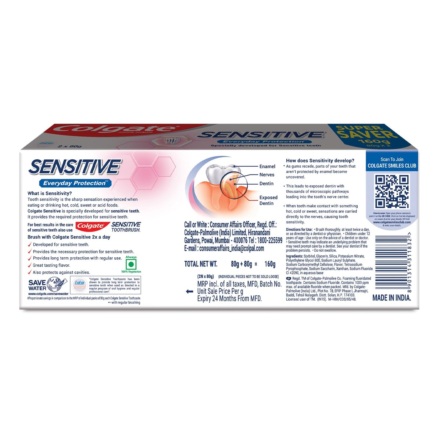 Colgate Sensitive Everyday Protection Toothpaste, Combo Pack Of 160g (80g X 2)