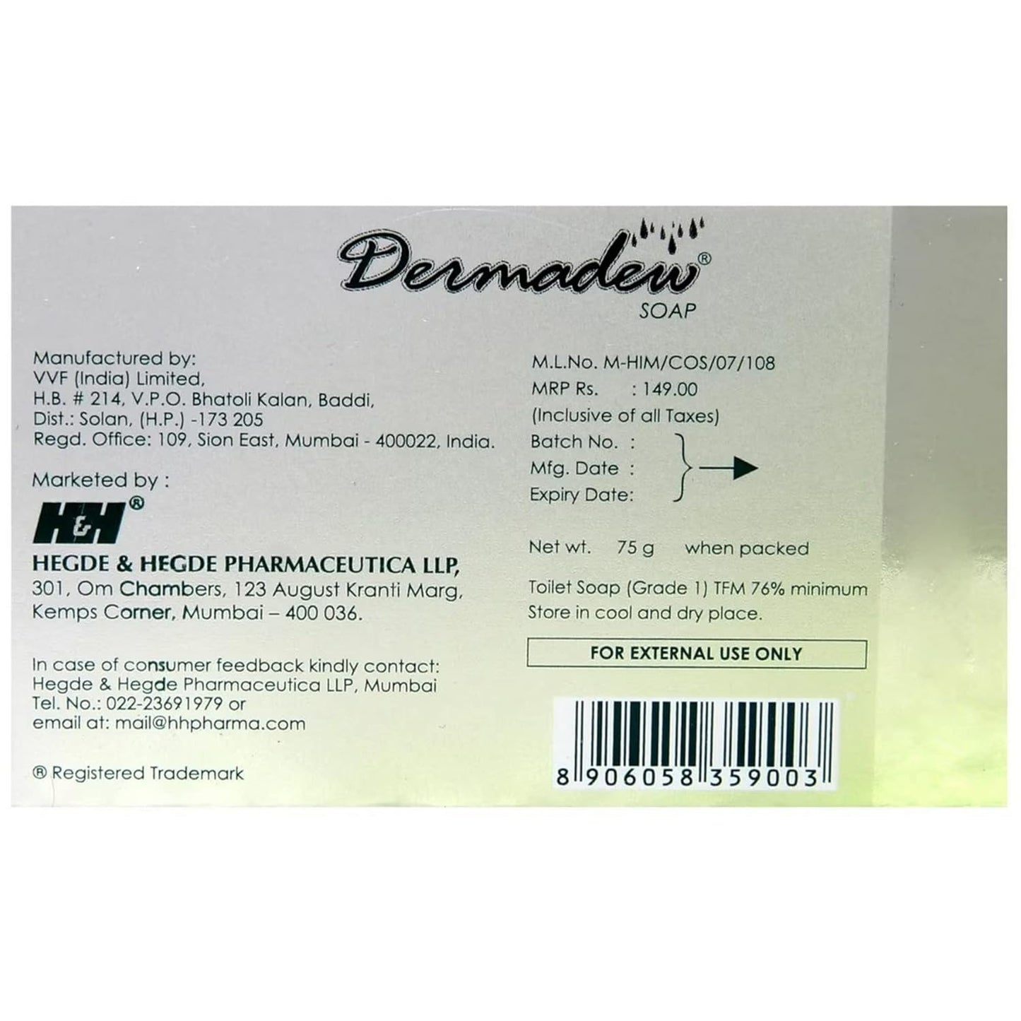 Dermadew SOAP vegetable oils fortified with specific emollients 300g