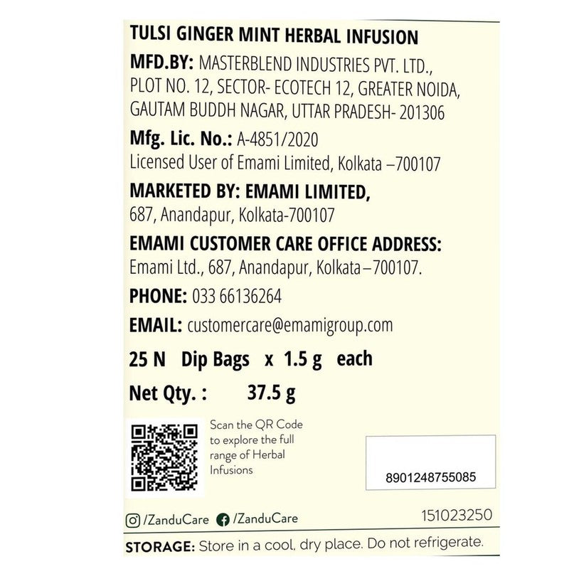 Zandu Tulsi Ginger Mint Infusion Drink 25 N (1.5 g Each)