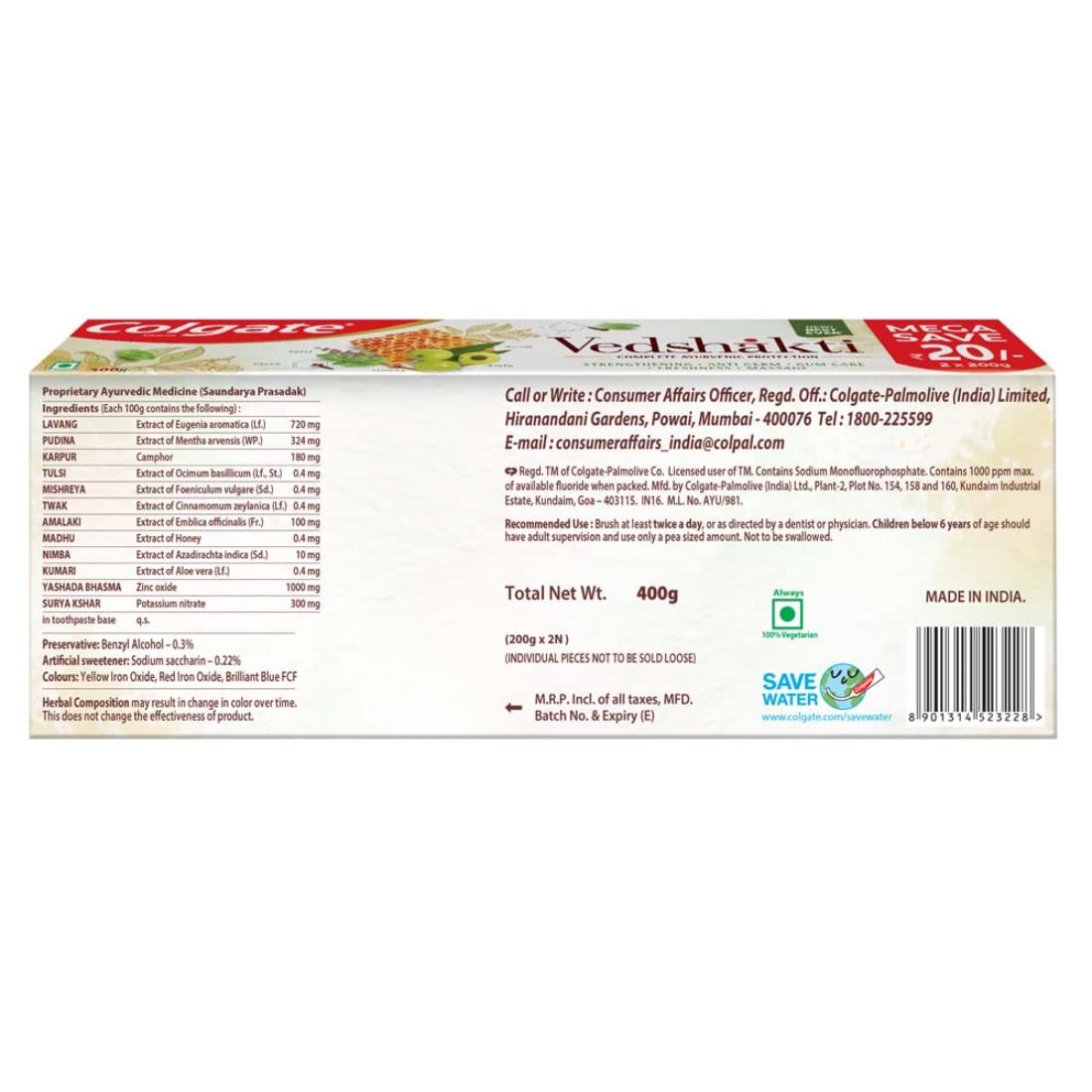 Colgate Swarna Vedshakti Ayurvedic Cavity Protection, Bad Breath Treatment Toothpaste - 400gm