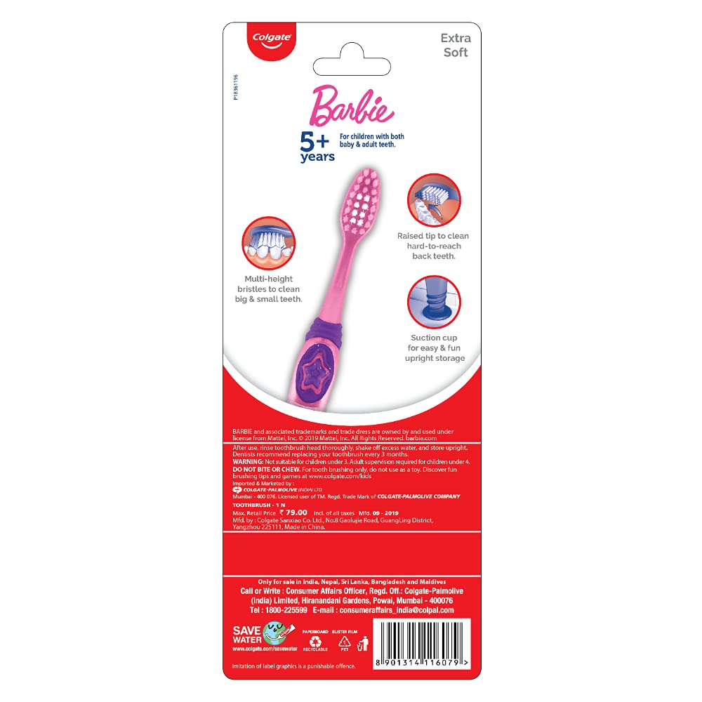 Colgate Kids Barbie Toothbrush, Extra Soft with Tongue Cleaner Multicolor