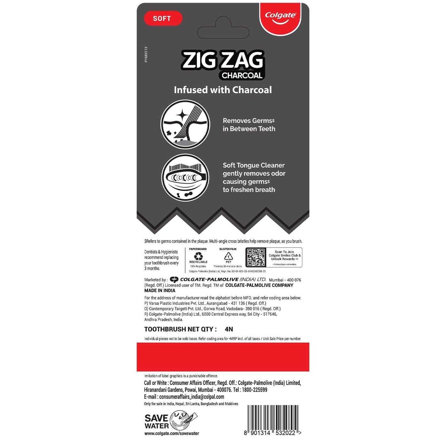 Colgate ZigZag Charcoal Soft Bristle Manual Toothbrush