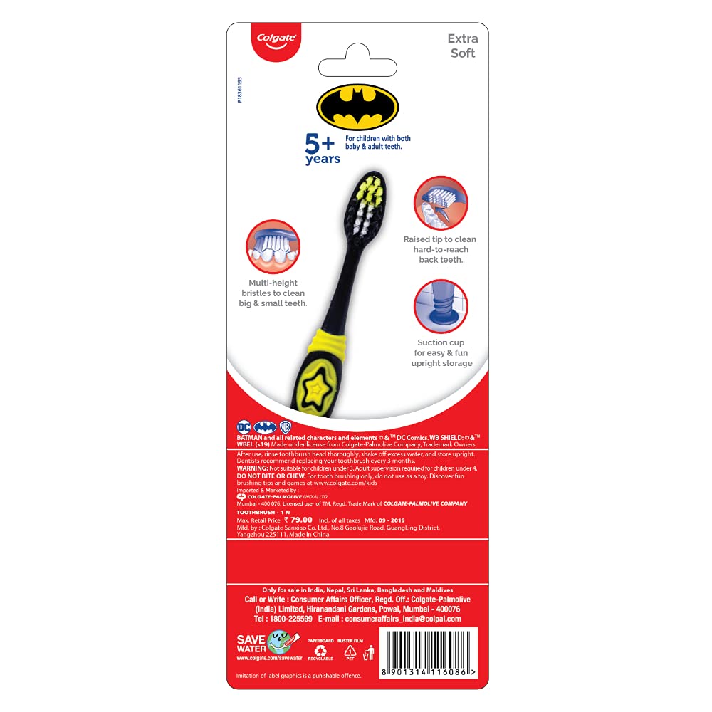 Colgate Kids Batman Toothbrush, Extra Soft With Tongue Cleaner Multicolour
