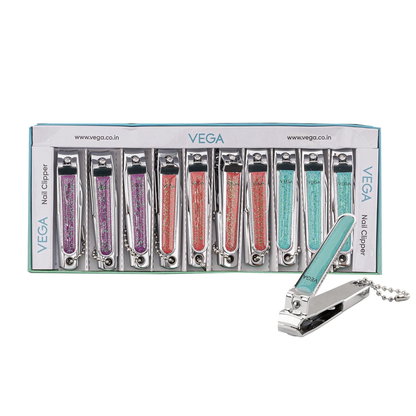 Vega Large Nail Clipper 10 Peice Box, Glitter and Chain
