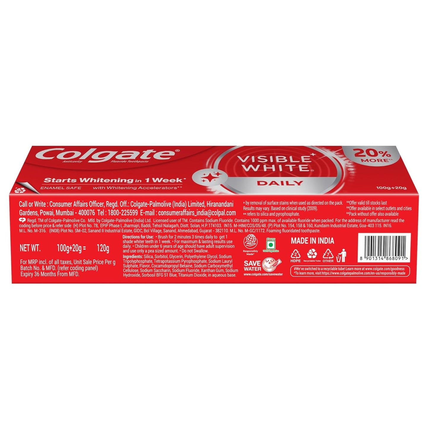 Colgate Visible White Toothpaste Minty Flavour (100g + 20g)