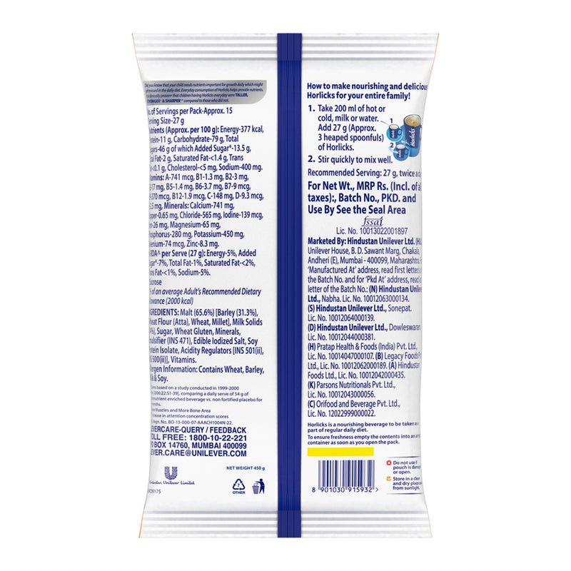 Horlicks Classic Malt Pouch 450 g
